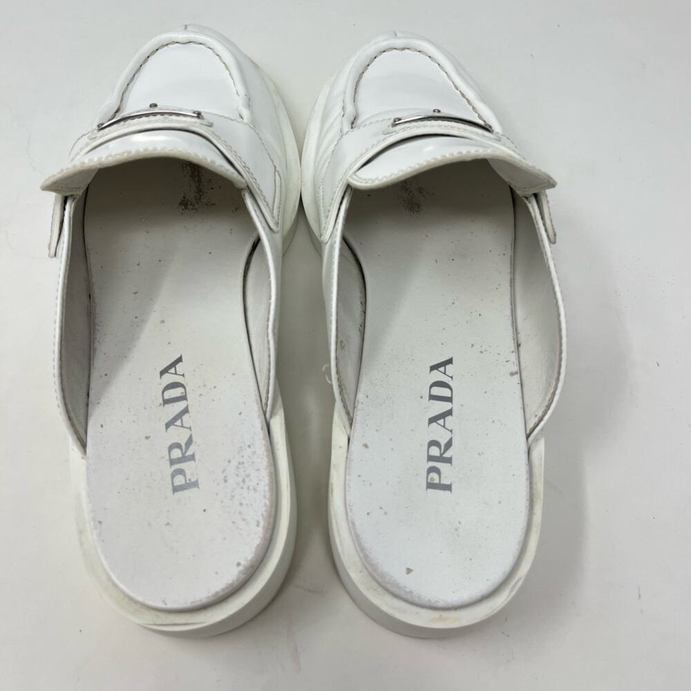 Prada Spazzolato Brushed Leather White Triangle Logo Mules  Size 41 - Picture 5 of 8